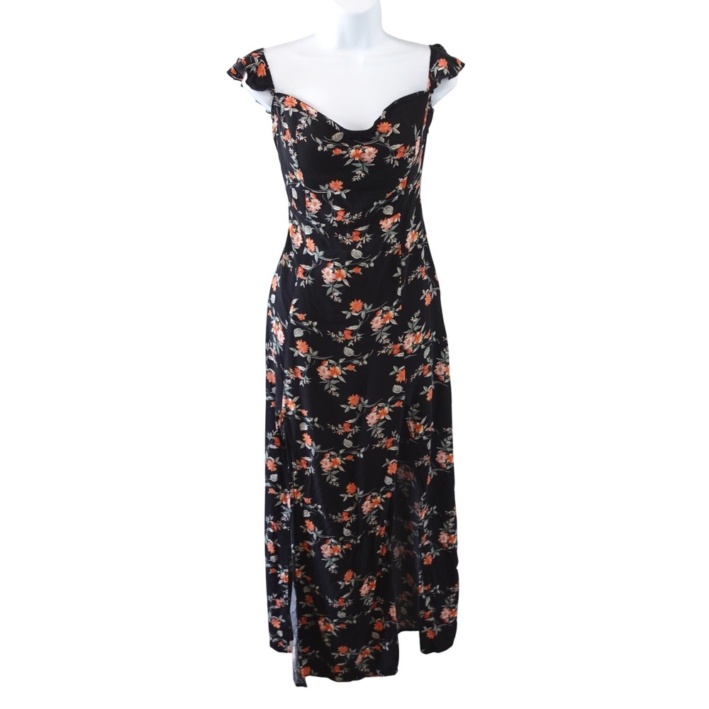 Dark Floral Maxi Dress M Black Orange High Slit Sweetheart Neck Romantic Boho